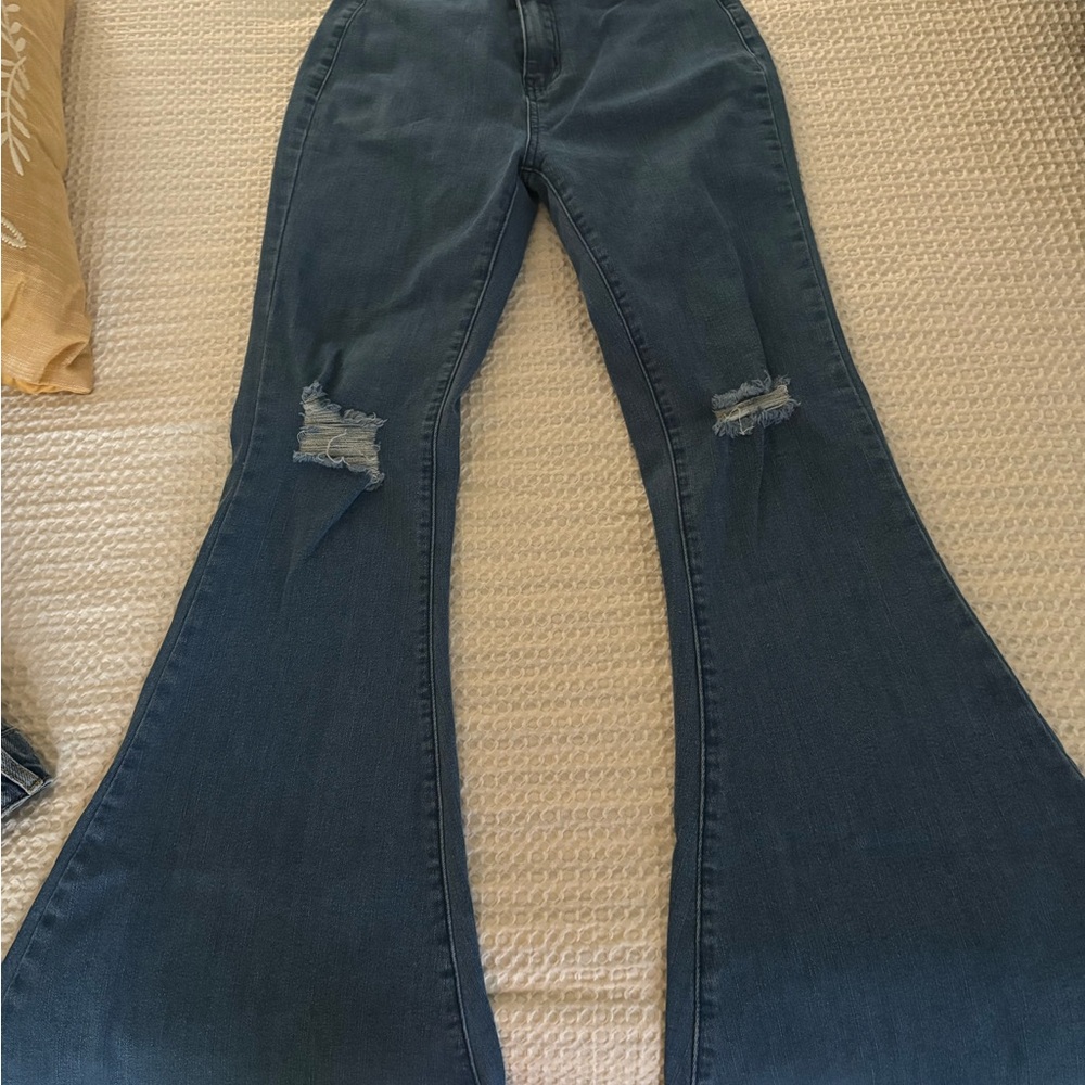 Daisy Dark Blue Flare Jeans with Distressed Knees